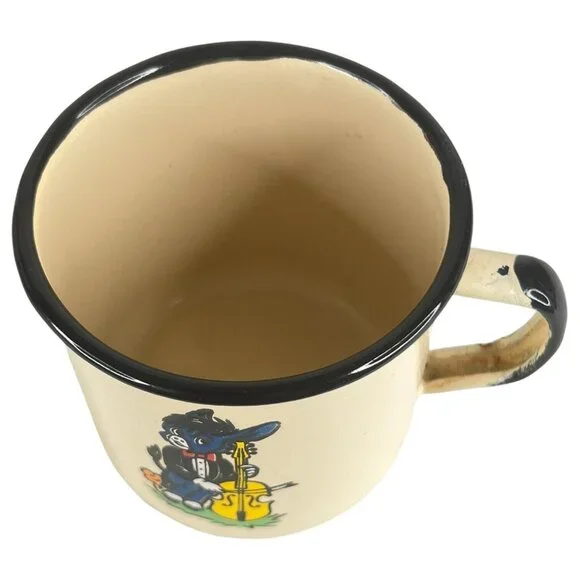 Vintage Enamel Childrens Mug Donkey Playing Cello Cup Novelty - Picture 6 of 10